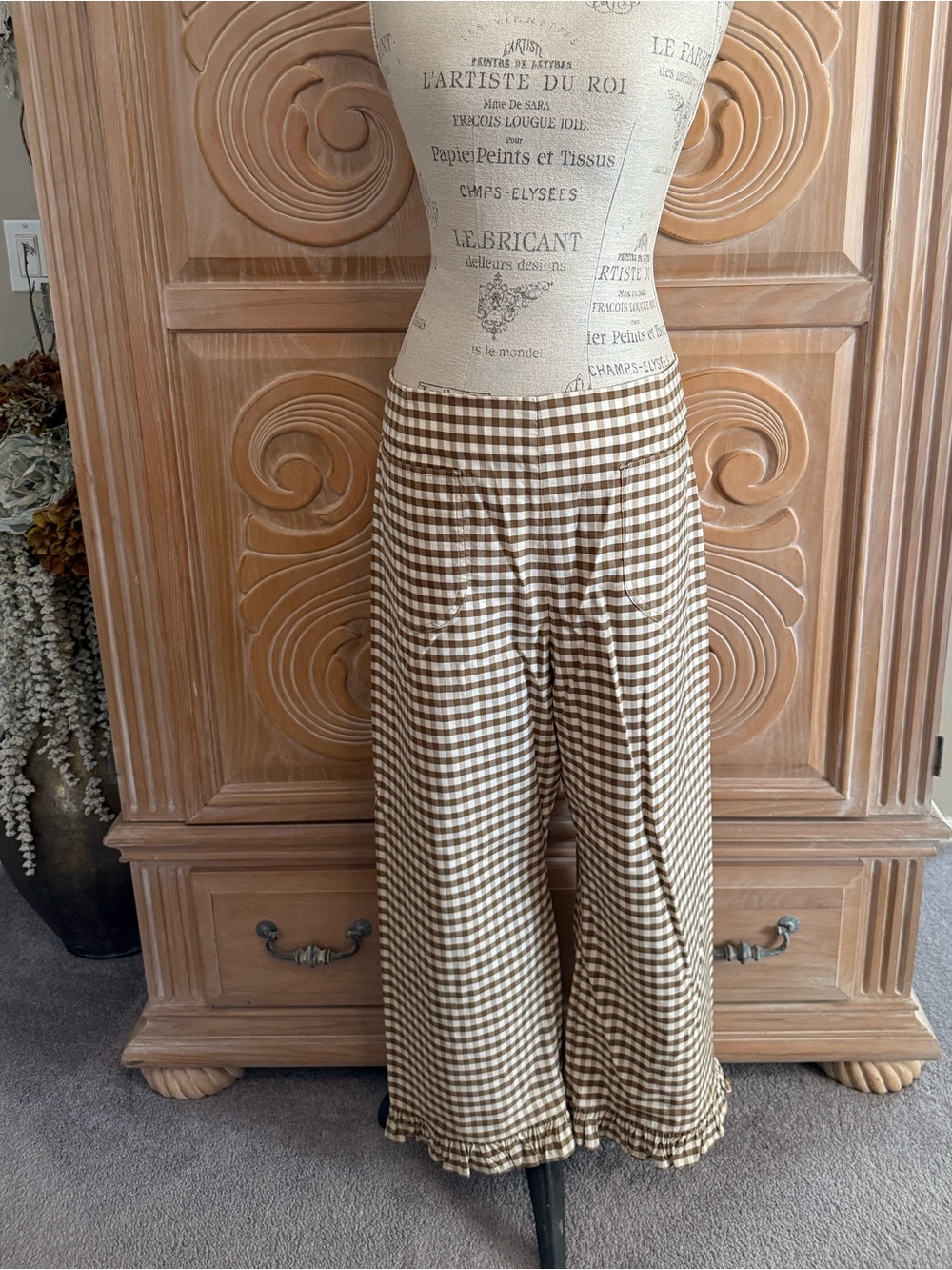 Maeve The Colette Brown & White Gingham Ruffle-Hem Cropped Wide-Leg Pants Sz 34 - Picture 5 of 9